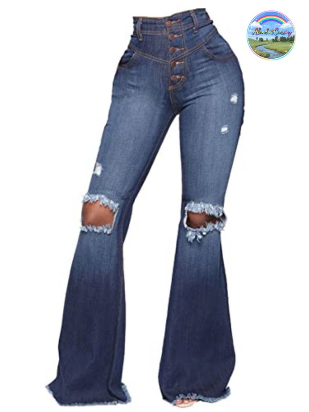 High Waist Ripped Flared Jeans Raw Hem Bell Bottom Denim Women's